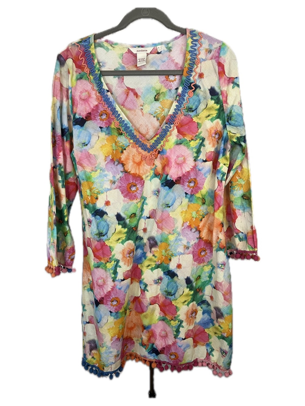 Sundance Sheer Multicolor Floral V-Neck Embroidered Tunic with Pompom trim